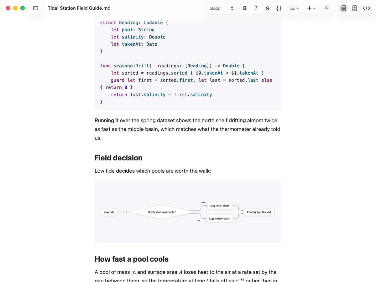 A Medallion document showing a rendered mermaid diagram and a syntax-highlighted Swift function inside ordinary prose.