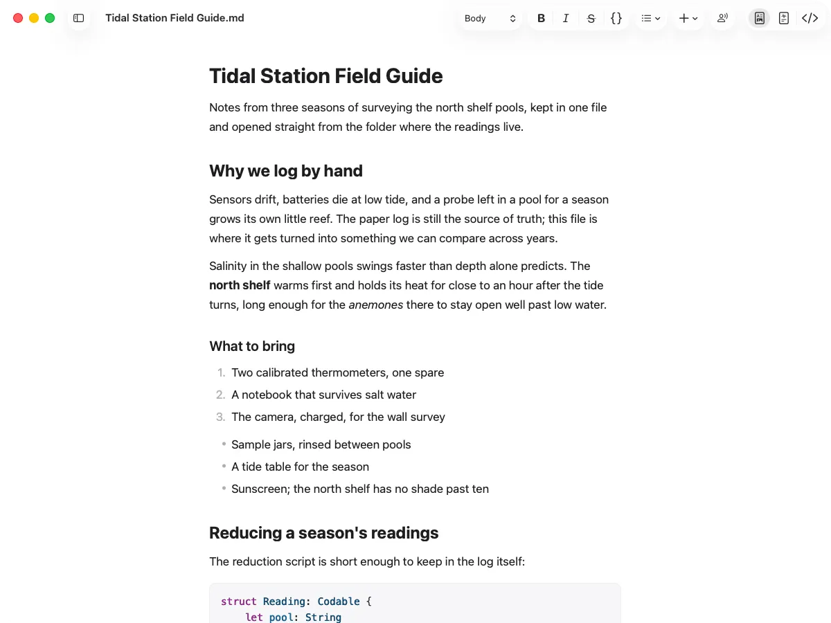 Medallion editing a markdown document in a native macOS window, with a rendered heading hierarchy, prose and a highlighted code block.